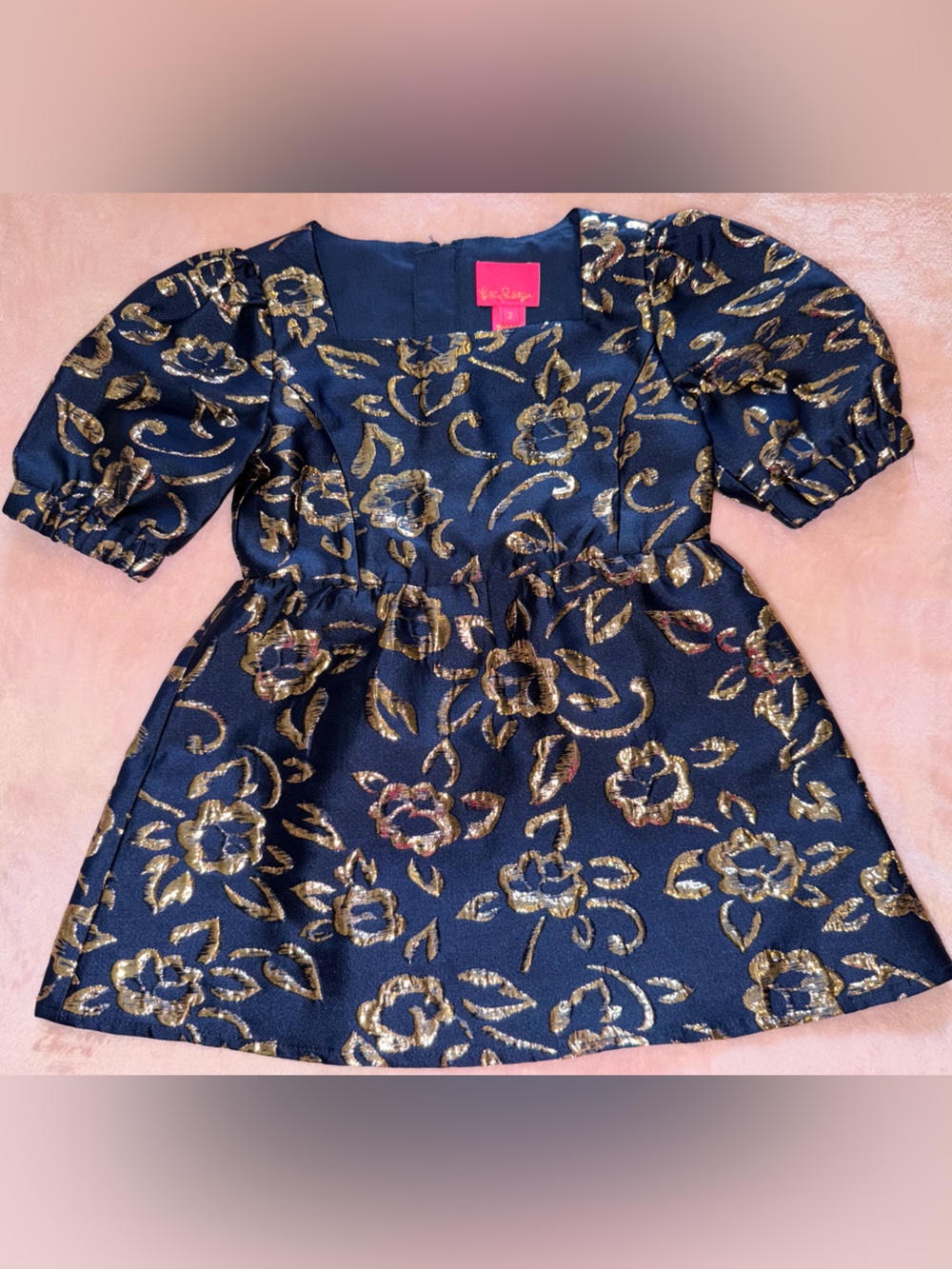 Lilly Pulitzer Girls Mini Kasslyn Dress Gold Puff Floral Brocade 2